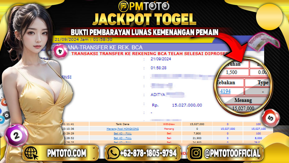 Selamat Kepada Member PMTOTO JACKPOT HONGKONG POOLS Rp.15.027.000.,- LUNAS