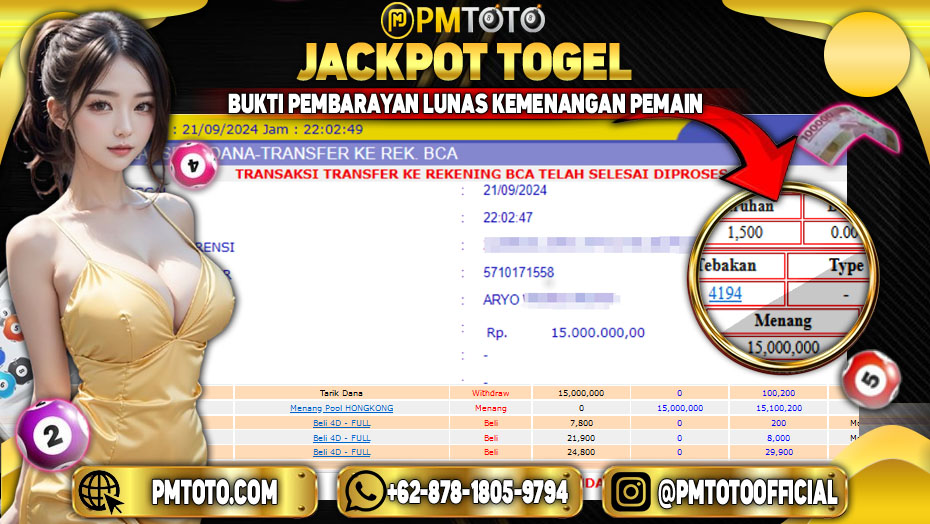 Selamat Kepada Member PMTOTO JACKPOT HONGKONG POOLS Rp.15.000.000.,- LUNAS