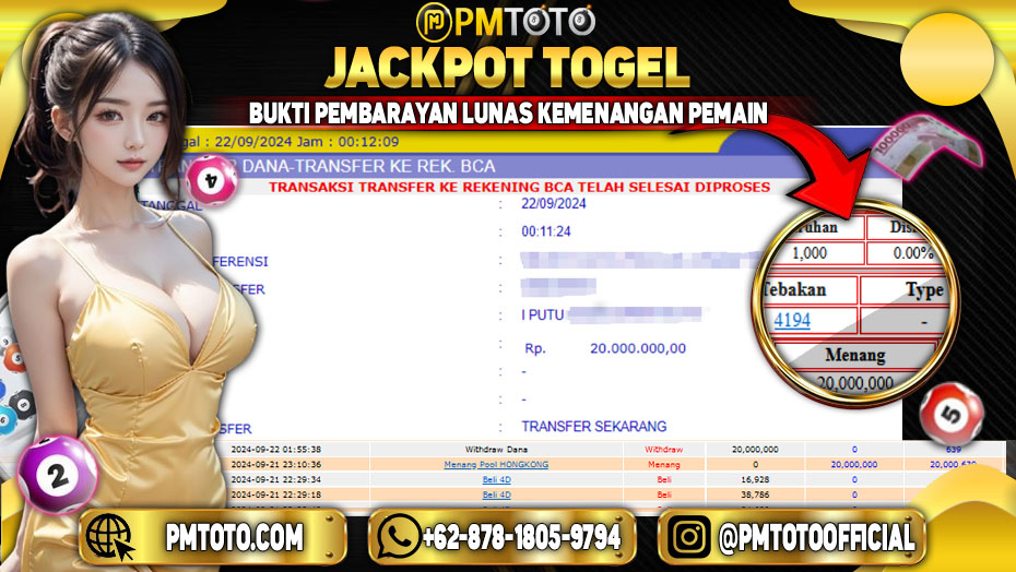 Selamat Kepada Member PMTOTO JACKPOT HONGKONG POOLS Rp.20.000.000.,- LUNAS