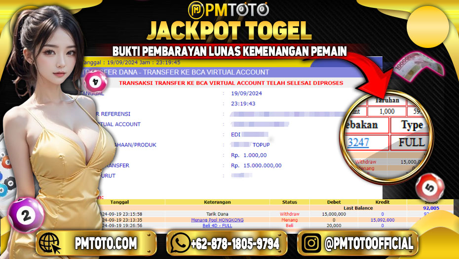 Selamat Kepada Member PMTOTO JACKPOT HONGKONG POOLS Rp.15.000.000.,- LUNAS