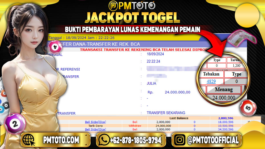 Selamat Kepada Member PMTOTO JACKPOT LIVECASINO Rp.24.000.000.,- LUNAS