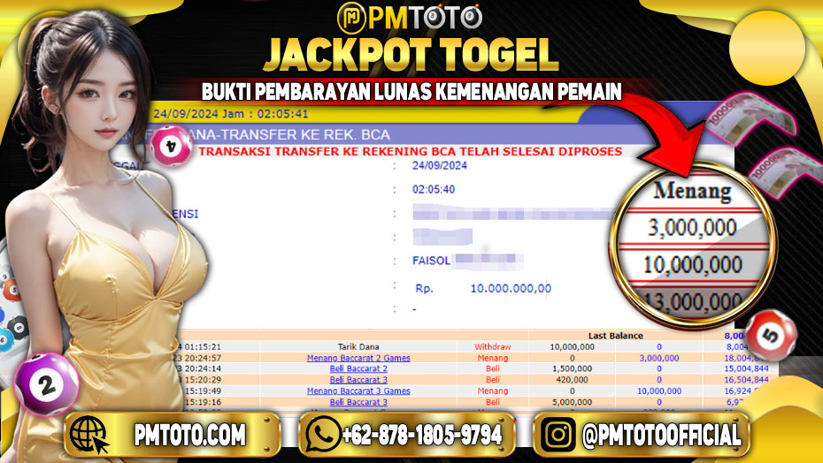 Selamat Kepada Member PMTOTO JACKPOT BACCARAT 2 GAMES Rp.10.000.000.,- LUNAS