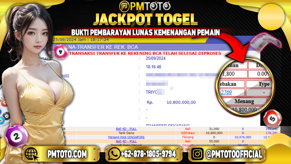 Selamat Kepada Member PMTOTO JACKPOT SINGAPORE POOLS Rp.10,800,000.,- LUNAS