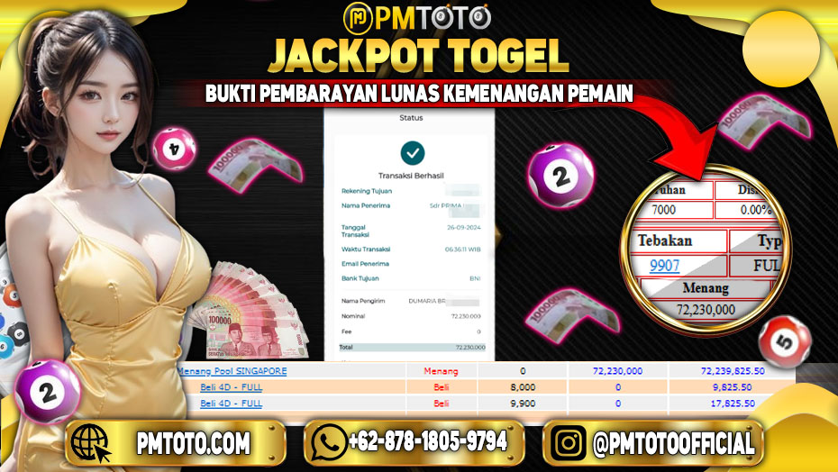 Selamat Kepada Member PMTOTO JACKPOT SINGAPORE POOLS Rp.72,230,000.,- LUNAS