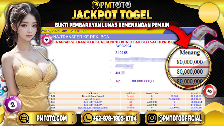 Selamat Kepada Member PMTOTO JACKPOT 12D THUNDER Rp.80.000.000.,- LUNAS