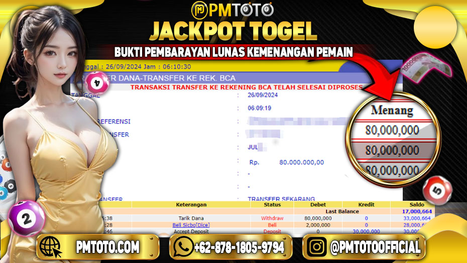 Selamat Kepada Member PMTOTO Menang Di GAMES SICBO Rp.80,000,000.,- LUNAS