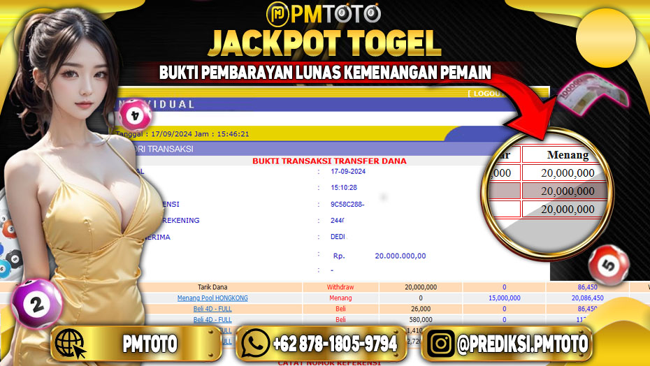 Selamat Kepada Member PMTOTO JACKPOT HONGKONG POOLS Rp.20.000.000.,- LUNAS