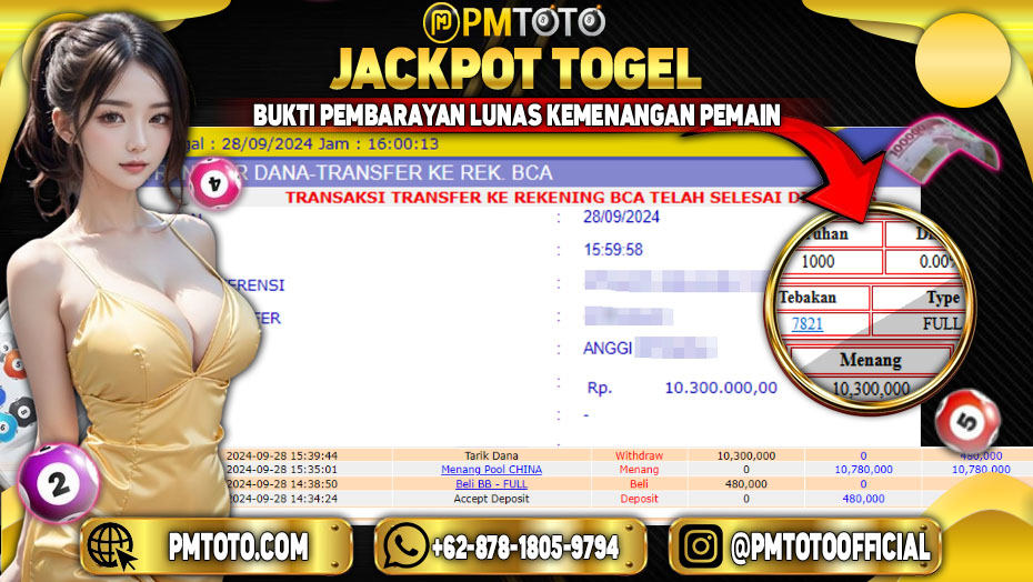 Selamat Kepada Member PMTOTO JACKPOT CHINA POOLS Rp.10,300,000.,- LUNAS