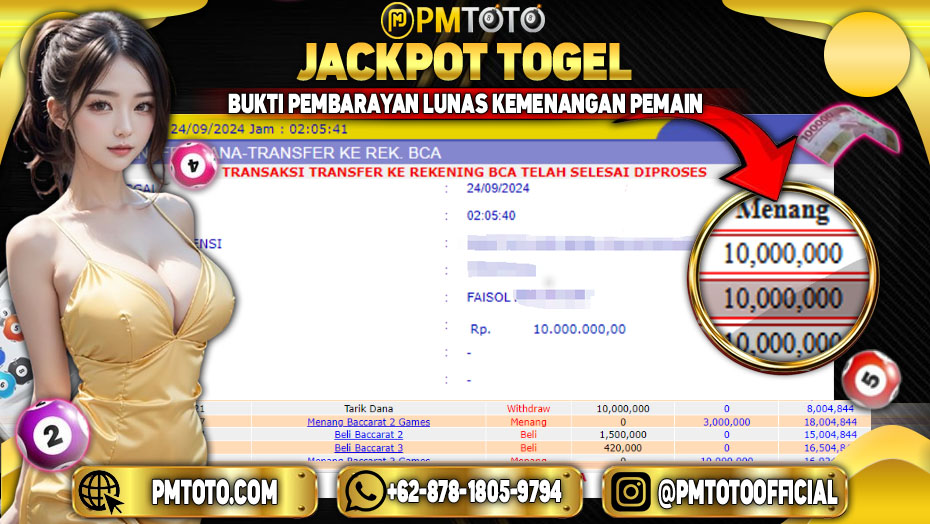 Selamat Kepada Member PMTOTO JACKPOT BACCARAT 2 GAMES Rp.10.000.000.,- LUNAS