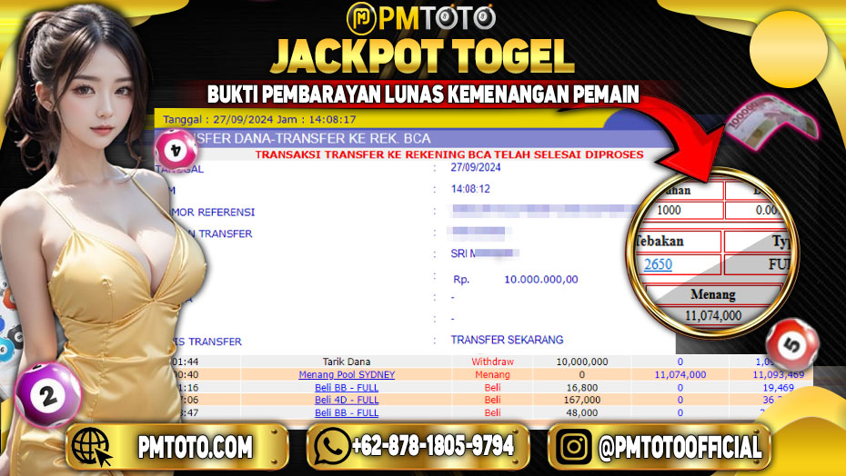 Selamat Kepada Member PMTOTO JACKPOT SYDNEYPOOLS Rp.11,074,000.,- LUNAS