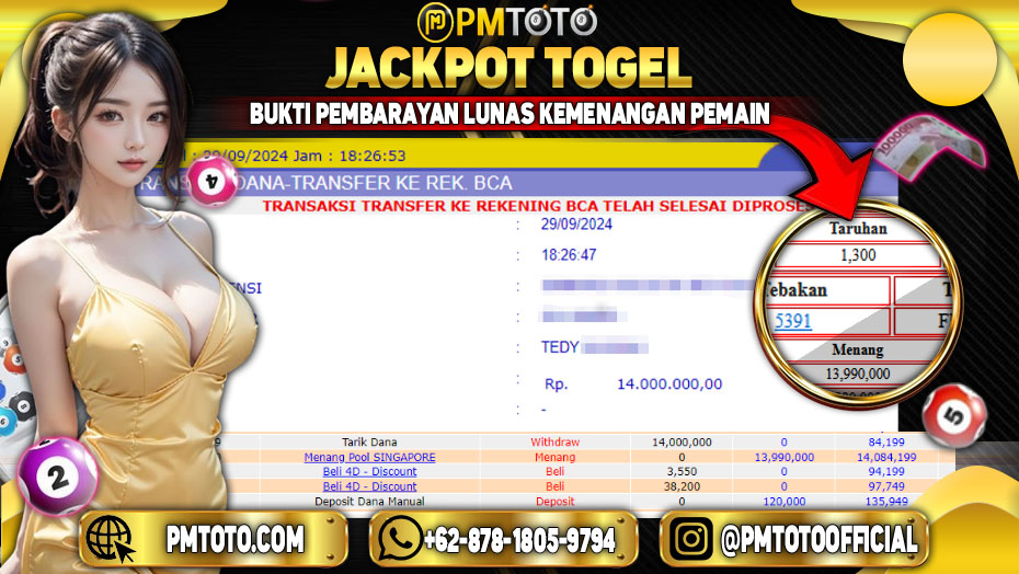 Selamat Kepada Member PMTOTO JACKPOT SINGAPORE POOLS Rp.13,990,000.,- LUNASRp.13,990,000.,-