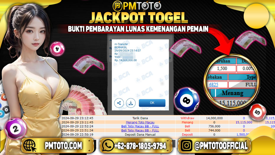 Selamat Kepada Member PMTOTO JACKPOT TOTOMACAU POOLS Rp.15,115,000.,- LUNAS