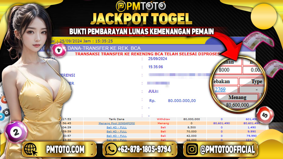 Selamat Kepada Member PMTOTO JACKPOT SINGAPORE POOLS Rp.80,000,000.,- LUNAS