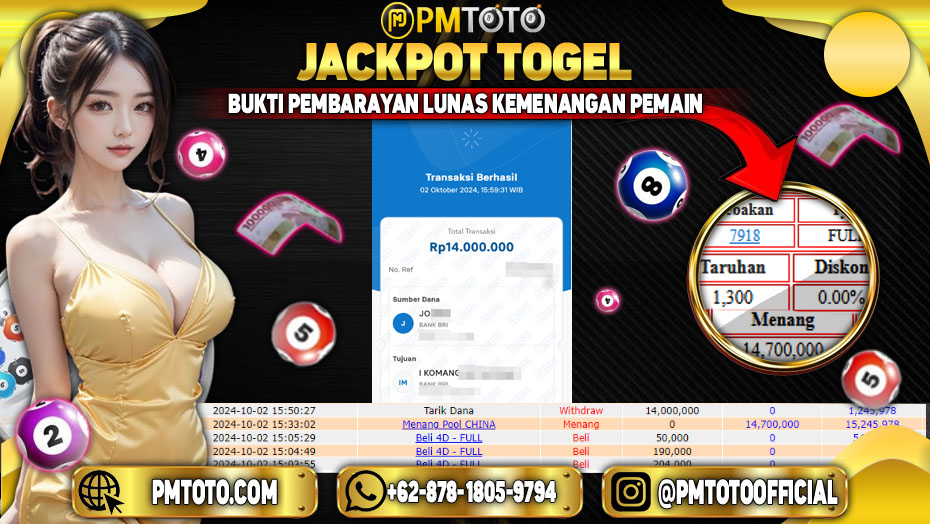 Selamat Kepada Member PMTOTO JACKPOT CHINA POOLS Rp.14,700,000.,- LUNAS