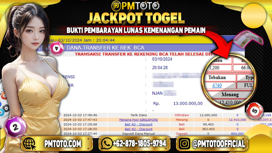 Selamat Kepada Member PMTOTO JACKPOT SINGAPORE POOLS Rp.12,410,000.,- LUNAS