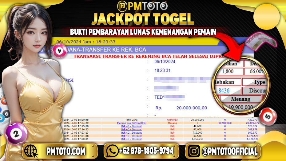 Selamat Kepada Member PMTOTO JACKPOT SINGAPORE POOLS Rp.19,900,000.,- LUNAS