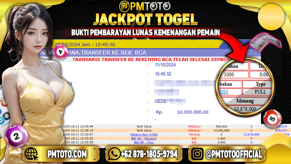 Selamat Kepada Member PMTOTO JACKPOT CHINA POOLS Rp.10,878,000.,- LUNAS