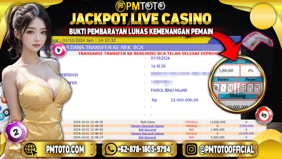 Selamat Kepada Member PMTOTO JACKPOT LIVE BACCARAT Rp.10,000,000.,- LUNAS