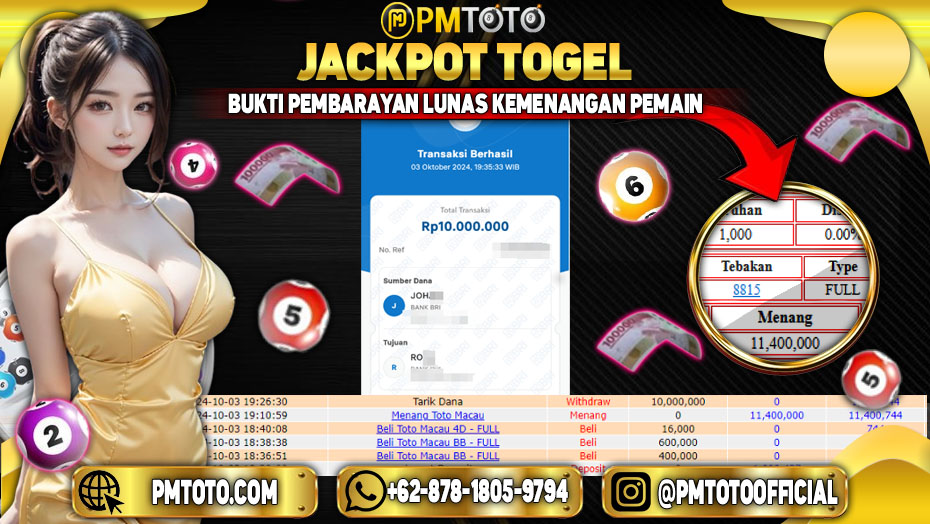 Selamat Kepada Member PMTOTO JACKPOT TOTOMACAU POOLS Rp.11,400,000.,- LUNAS