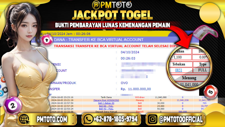 Selamat Kepada Member PMTOTO JACKPOT HONGKONG POOLS Rp.11,041,000.,- LUNAS