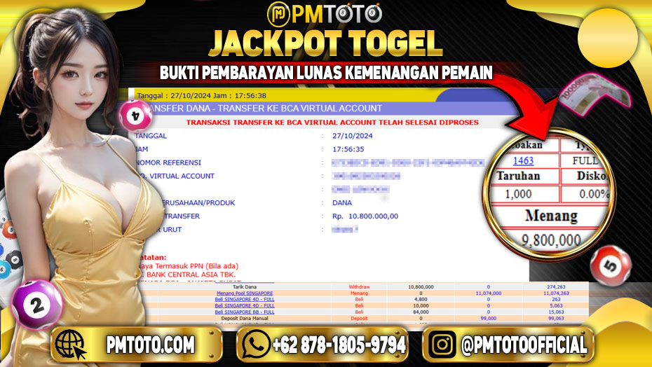 Selamat Kepada Member PMTOTO JACKPOT SINGAPORE Rp.10.800.000.,- LUNAS