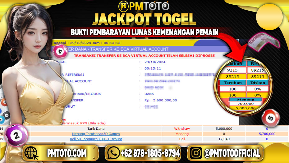 Selamat Kepada Member PMTOTO JACKPOT TOTOMACAU 5D Rp.5.600.000.,- LUNAS