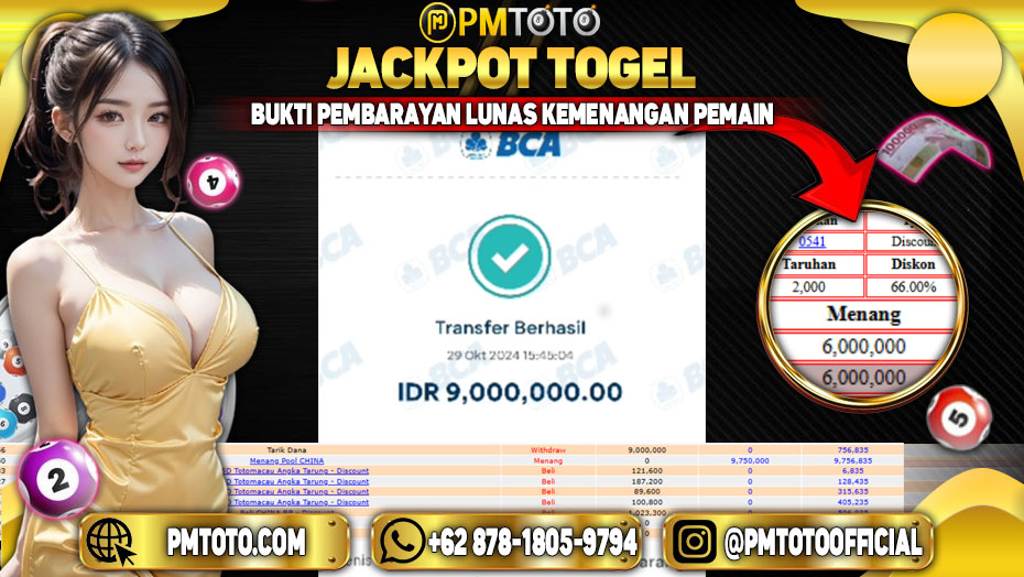 Selamat Kepada Member PMTOTO JACKPOT CHINA Rp.9.000.000.,- LUNAS