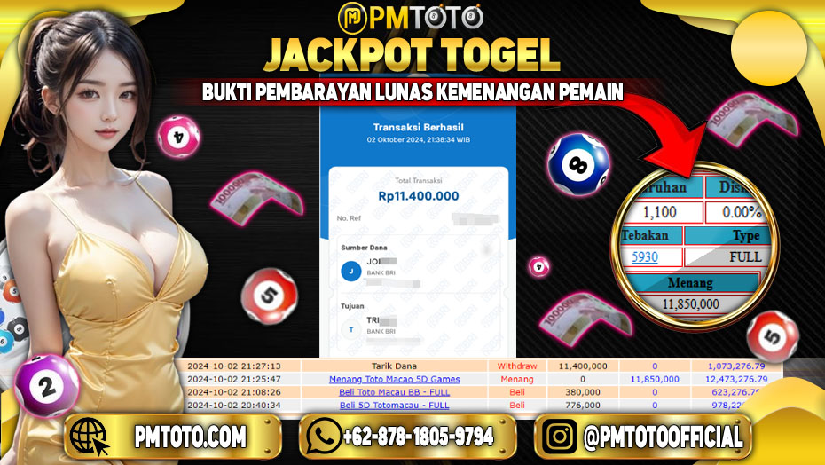 Selamat Kepada Member PMTOTO JACKPOT TOTOMACAU POOLS Rp.11,850,000.,- LUNAS