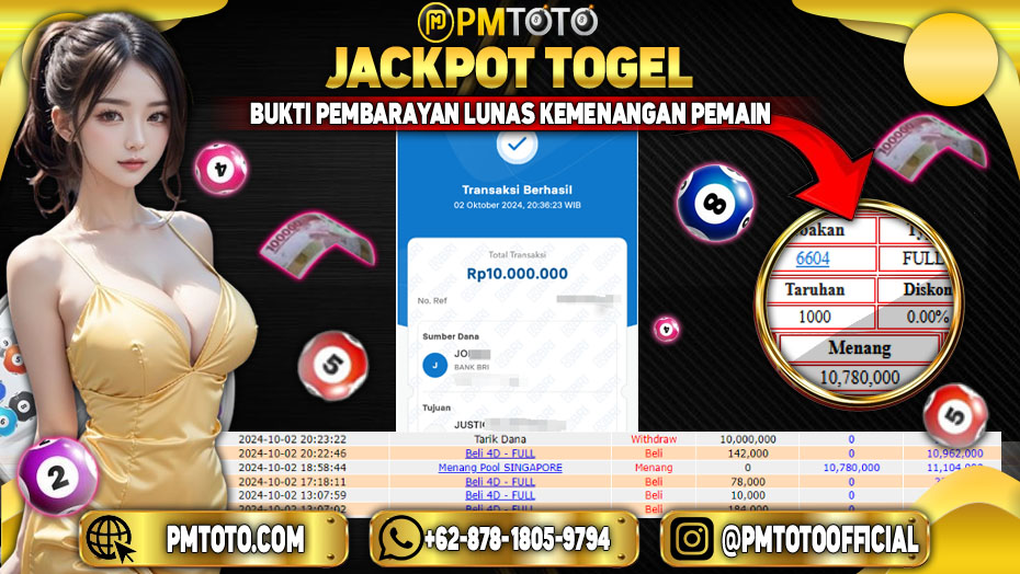 Selamat Kepada Member PMTOTO JACKPOT SINGAPORE POOLS Rp.10,780,000.,- LUNAS