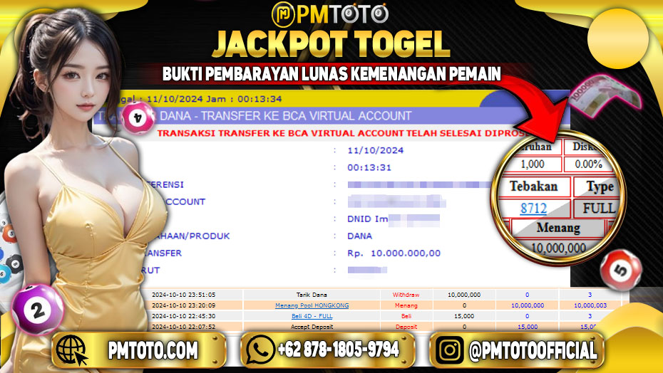 Selamat Kepada Member PMTOTO JACKPOT HONGKONG LOTTO Rp.10,000,000.,- LUNAS