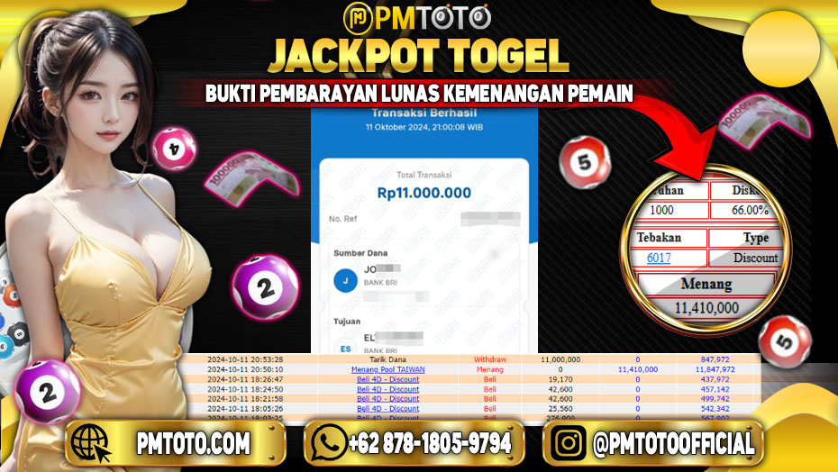 Selamat Kepada Member PMTOTO JACKPOT TAIWAN POOLS Rp.11,410,000.,- LUNAS