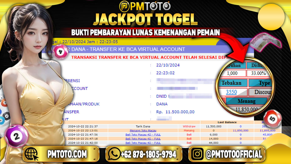 Selamat Kepada Member PMTOTO JACKPOT TOTO MACAU Rp.11,850,000.,- LUNAS