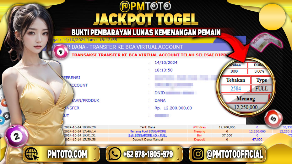 Selamat Kepada Member PMTOTO JACKPOT SINGAPORE POOLS Rp.12,200,000.,- LUNAS