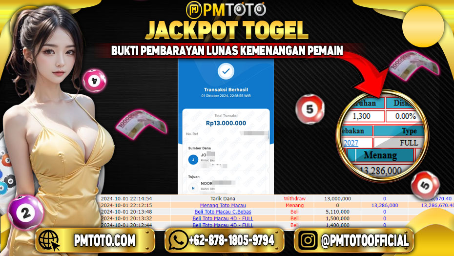 Selamat Kepada Member PMTOTO JACKPOT TOTOMACAU POOLS Rp.13,286,000.,- LUNAS