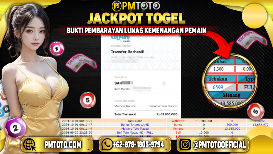 Selamat Kepada Member PMTOTO JACKPOT TOTOMACAU POOLS Rp.13,700,000.,- LUNAS