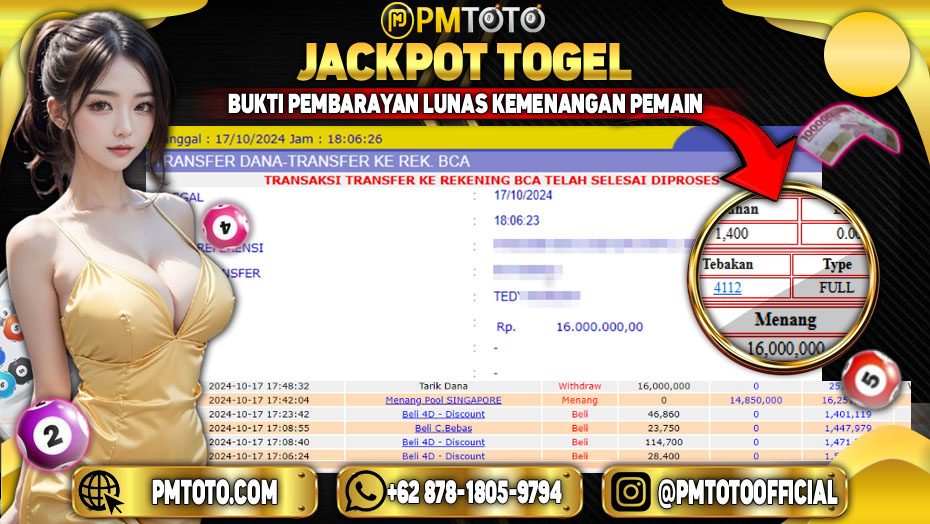 Selamat Kepada Member PMTOTO JACKPOT SINGAPORE POOLS Rp.16,000,000.,- LUNAS