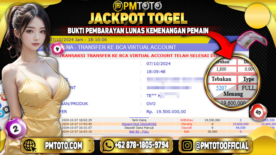 Selamat Kepada Member PMTOTO JACKPOT SINGAPORE POOLS Rp.19,600,000.,- LUNAS