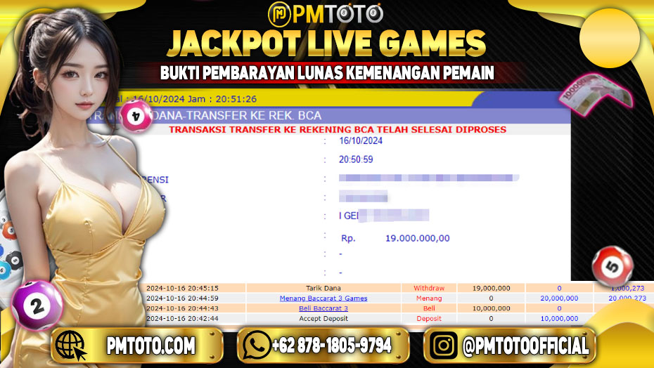 Selamat Kepada Member PMTOTO JACKPOT BACCARAT 3 GAMES Rp.19.000.000.,- LUNAS