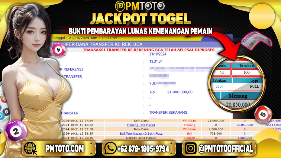 Selamat Kepada Member PMTOTO JACKPOT TOTOMACAU POOLS Rp.21,000,000.,- LUNAS