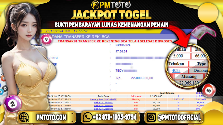 Selamat Kepada Member PMTOTO JACKPOT SINGAPORE POOLS Rp.22,065,180.,- LUNAS