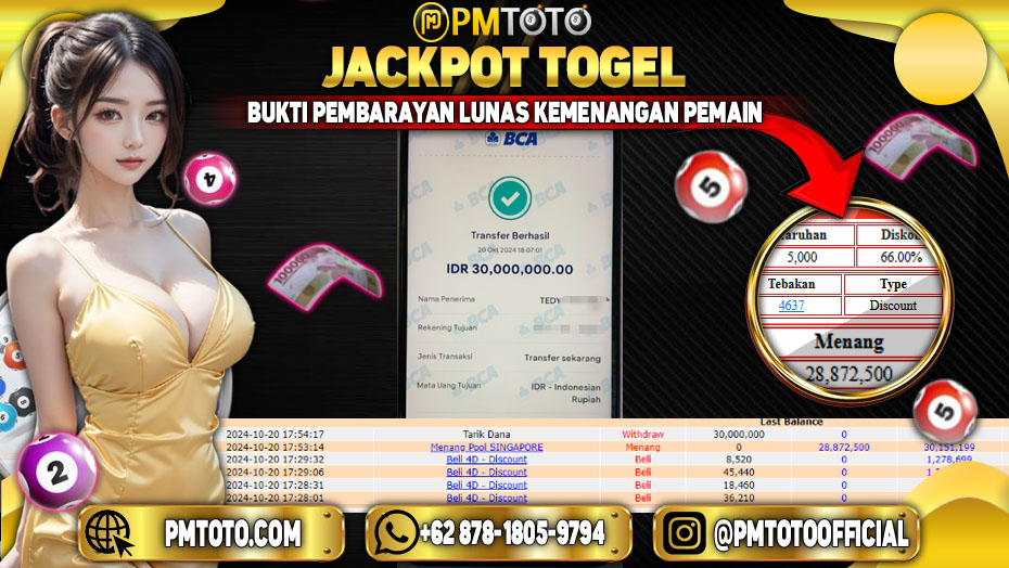 Selamat Kepada Member PMTOTO JACKPOT SINGAPORE POOLS Rp.30,000,000.,- LUNAS