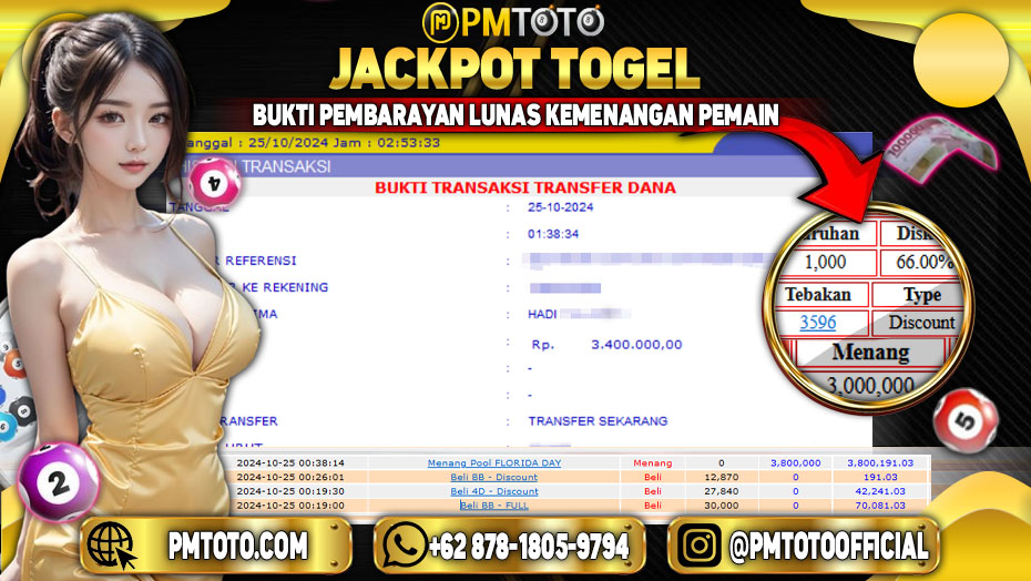 Selamat Kepada Member PMTOTO JACKPOT FLORIDA DAY  Rp.3,800,000.,- LUNAS