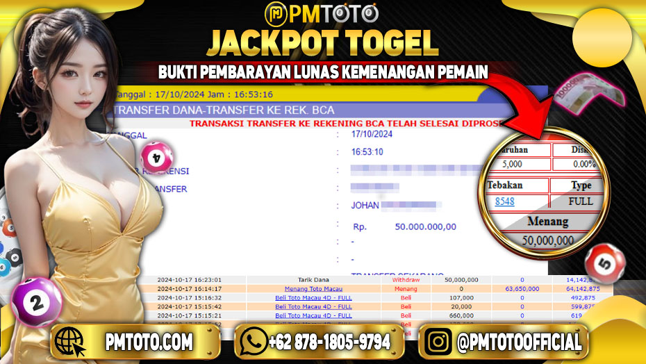 Selamat Kepada Member PMTOTO JACKPOT TOTOMACAU POOLS Rp.50,000,000.,- LUNAS