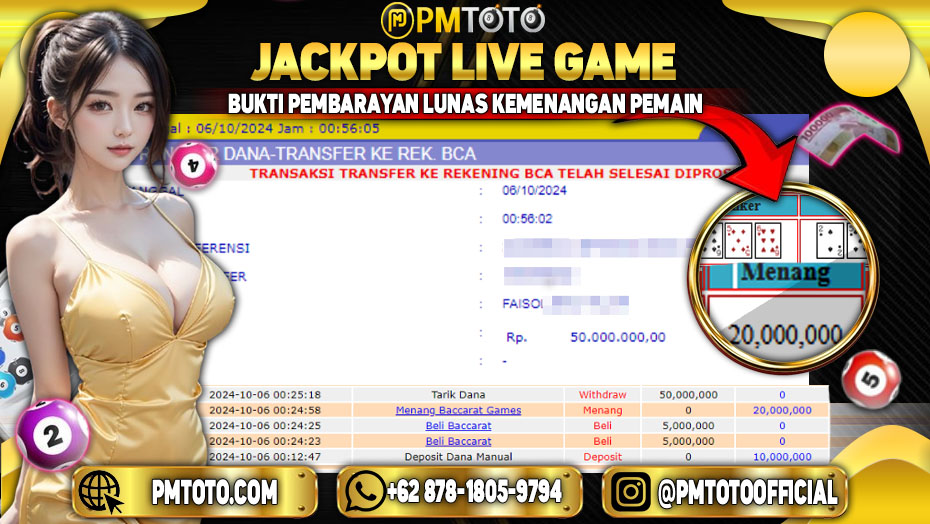 Selamat Kepada Member PMTOTO JACKPOT BACCARAT GAMES Rp.20.000.000.,- LUNAS