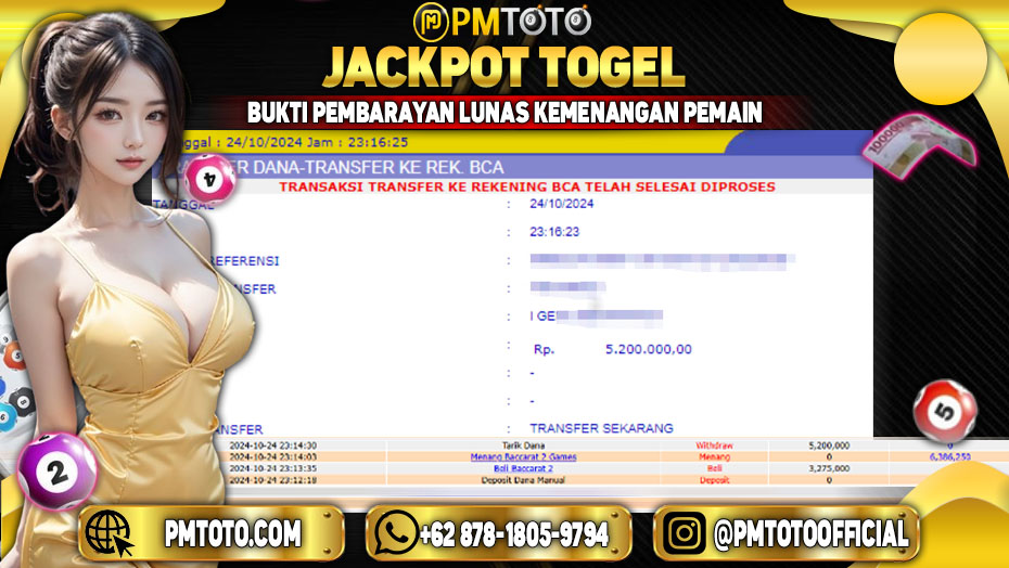 Selamat Kepada Member PMTOTO JACKPOT BACCARAT 2 GAMES Rp.5.200.000.,- LUNAS