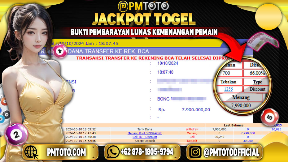 Selamat Kepada Member PMTOTO JACKPOT SINGAPORE POOLS Rp.7,990,000.,- LUNAS