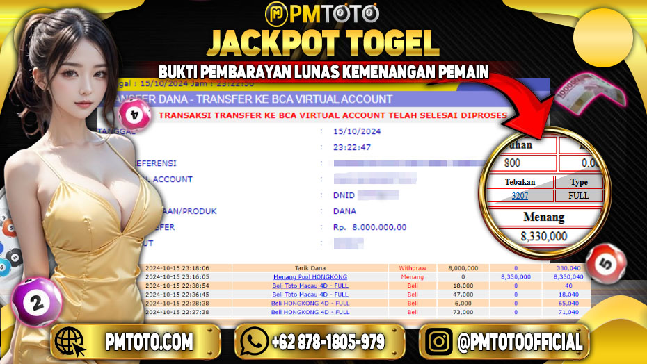 Selamat Kepada Member PMTOTO JACKPOT HONGKONG POOLS Rp.8,330,000.,- LUNAS