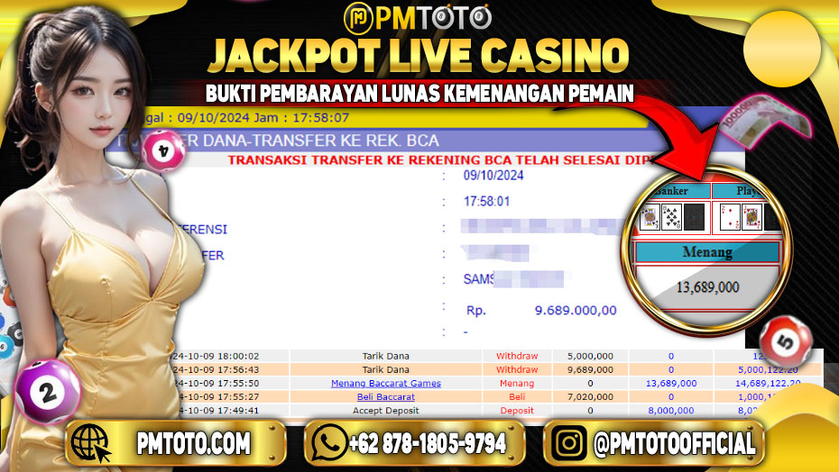 Selamat Kepada Member PMTOTO JACKPOT BACCARAT GAMES Rp.13.689.000.,- LUNAS