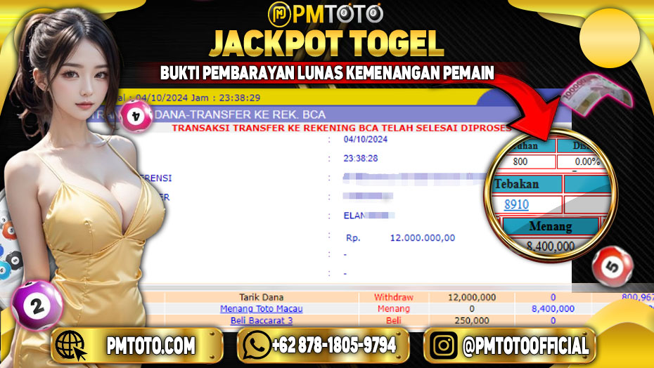 Selamat Kepada Member PMTOTO JACKPOT TOTOMACAU POOLS Rp.8,400,000.,- LUNAS