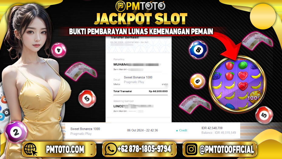 Selamat Kepada Member PMTOTO JACKPOT SLOT SWEET BONANZA 1000 Rp.45.015.000.,- LUNAS